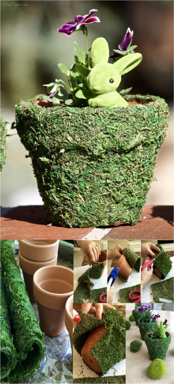 Spring Moss Covered Easter Pots.