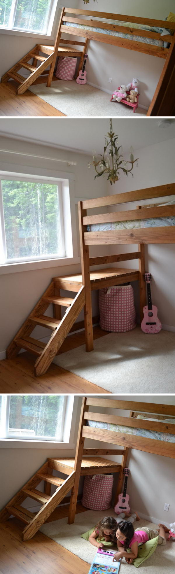 bunk bed in front of window