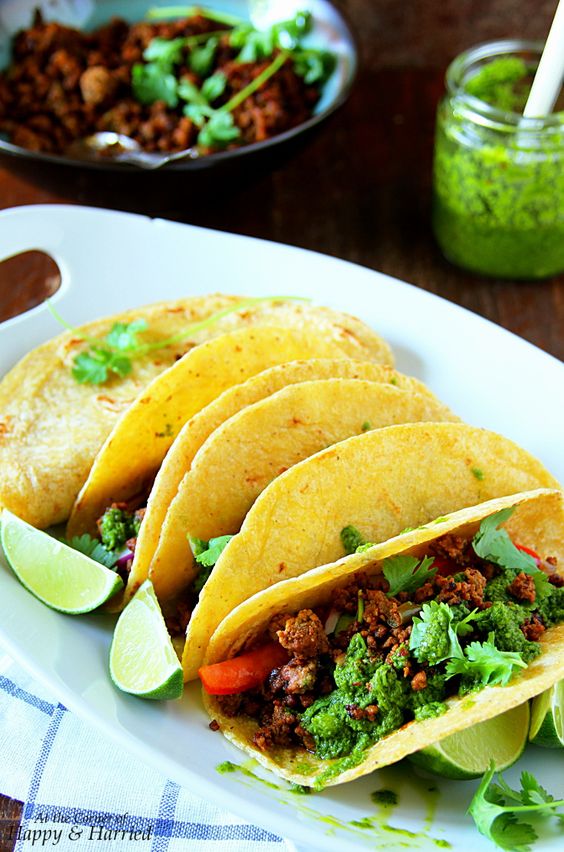 Ground Beef Tacos With Chimichurri Sauce.