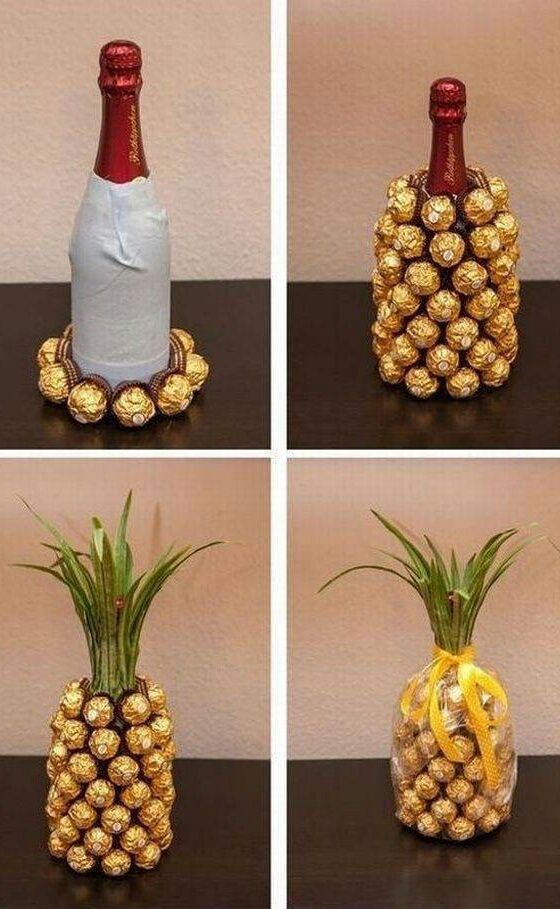 DIY Pineapple with Wine Bottle and Chocolates .