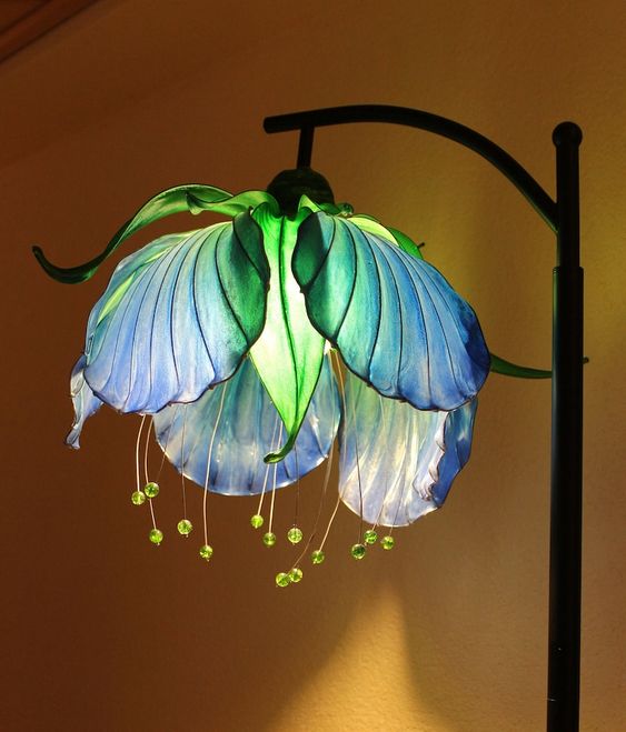 Floor Blue Flower Lamp With Green Leaves.