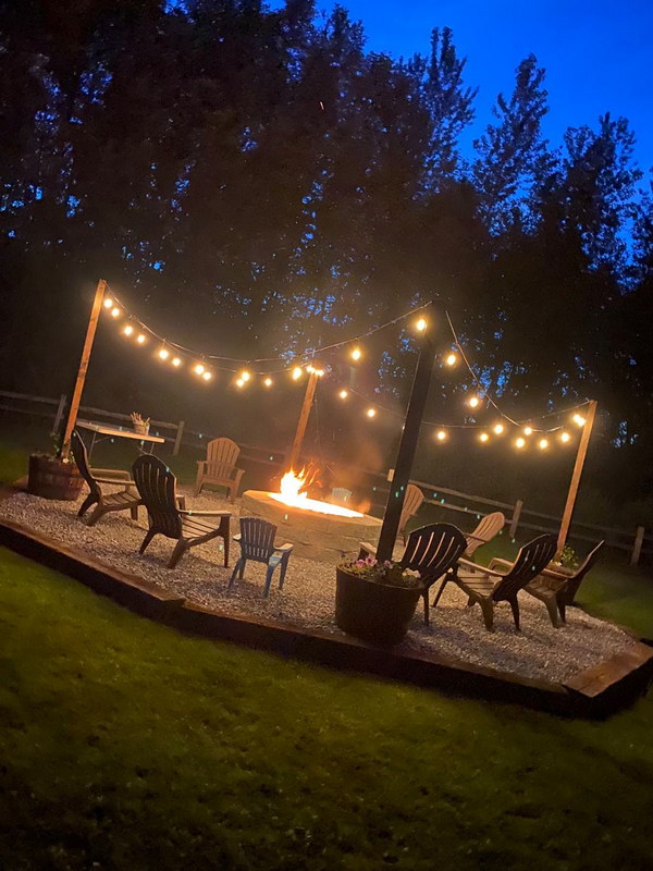 DIY Gravel Fire Pit With Stringed Lights.