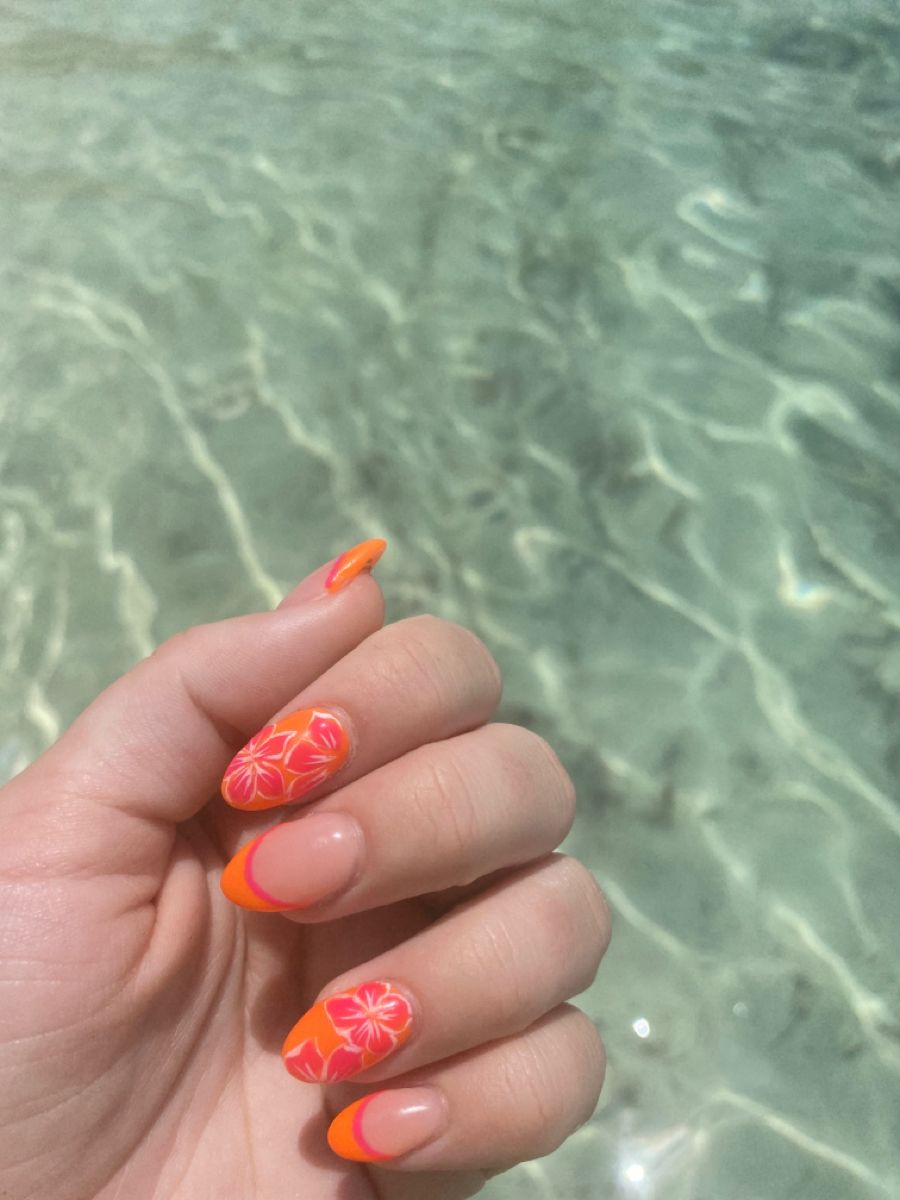 Pink and Orange Hawaiian Flower Nails.