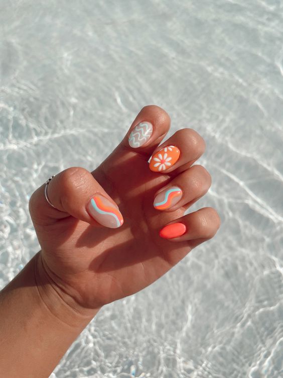Summer Nails with Flowers and Waves.