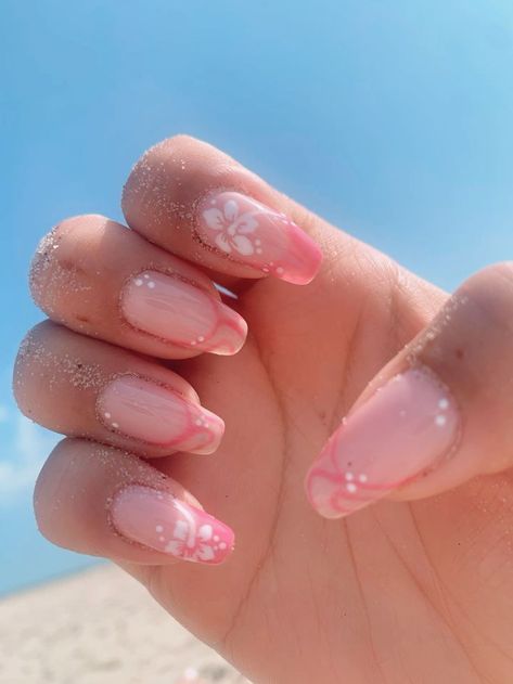 Clear and Pink Nails with Flowers for Summer.