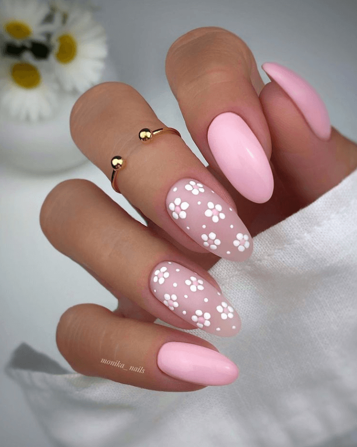 Pale Pink Summer Nails with White Flowers.