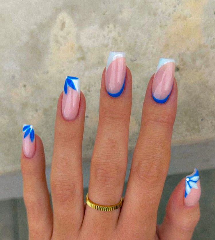 Summer Nails with Blue Flowers on Tips.