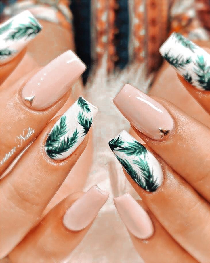 Pink and Green Summer Nails with Plants.