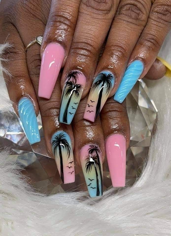 Pink and Blue Beach Nails with Palm Trees.