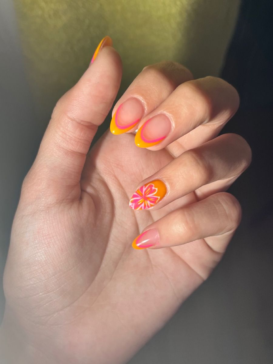 Orange and Pink Hibiscus Flowers Nails.