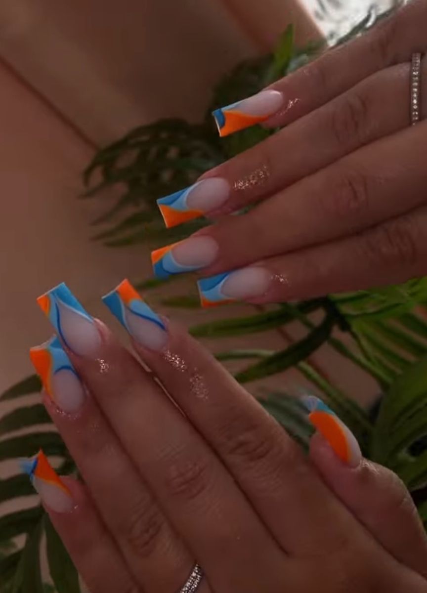 Orange and Blue Square Nails.