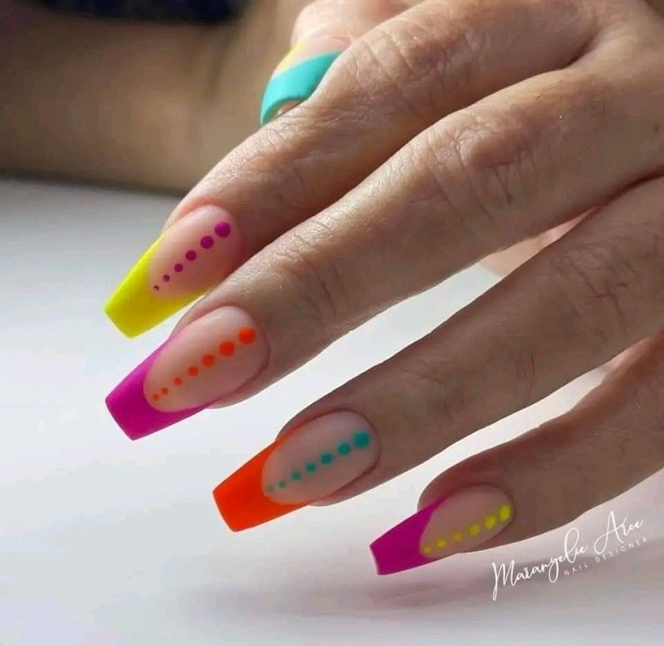 Summber Nails with Colorful Tips and Dots.