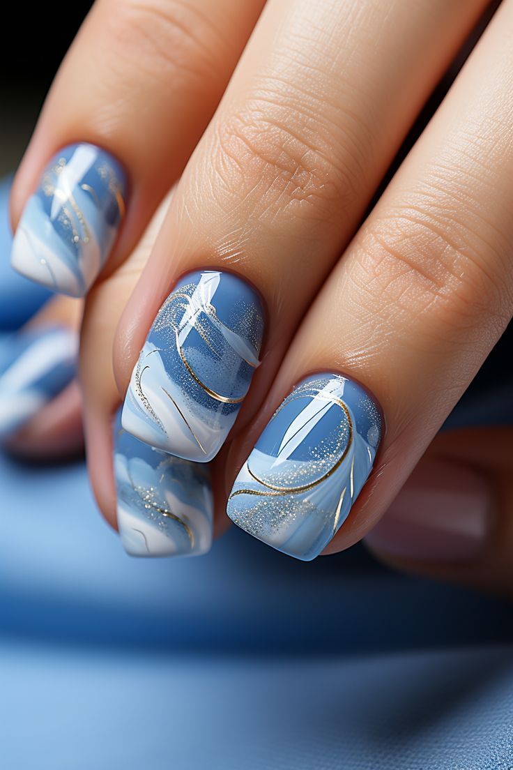 Beach Wave Nails in Blue and White for Short Nails.