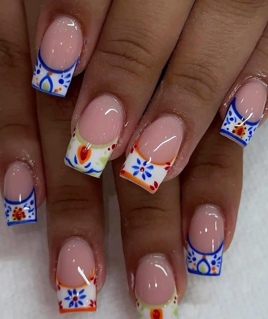Blue Flower French Nails.