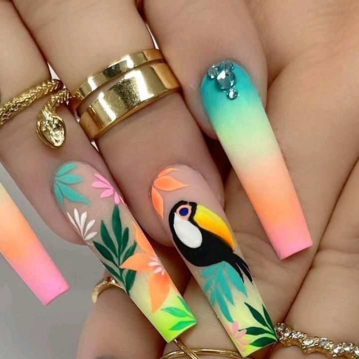 Green and Pink Summer Nails with Bird and Flower.